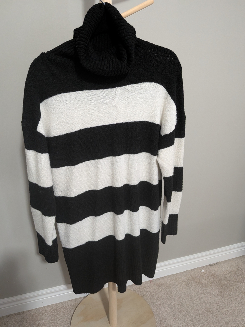 Black & White Striped Turtleneck Sweater Dress